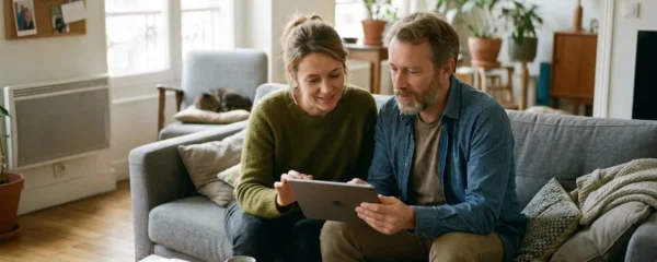 Un couple quarantenaire assis dans leur salon moderne consulte ensemble une tablette, expressions concentrées et réfléchies