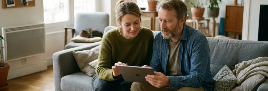 Un couple quarantenaire assis dans leur salon moderne consulte ensemble une tablette, expressions concentrées et réfléchies