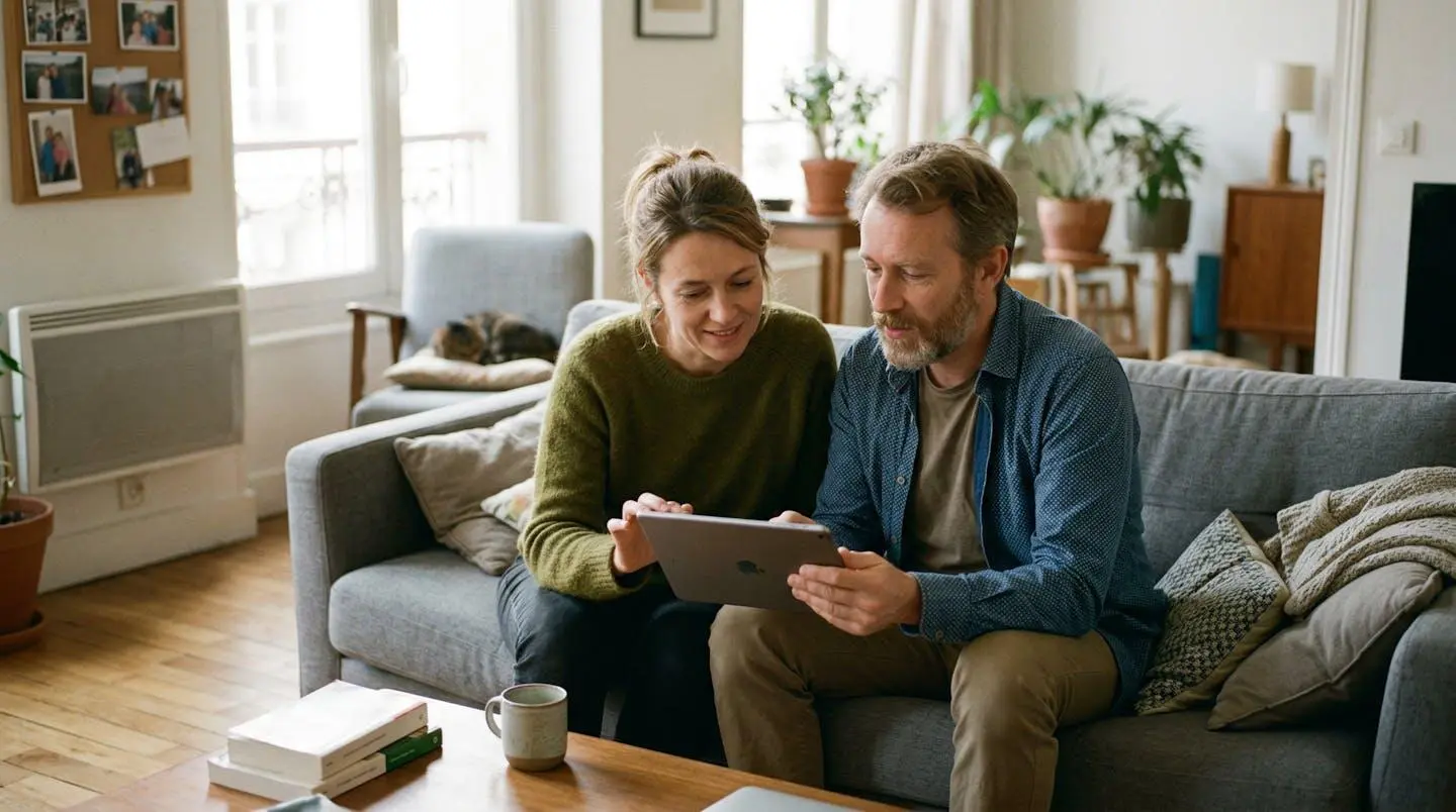 Un couple quarantenaire assis dans leur salon moderne consulte ensemble une tablette, expressions concentrées et réfléchies
