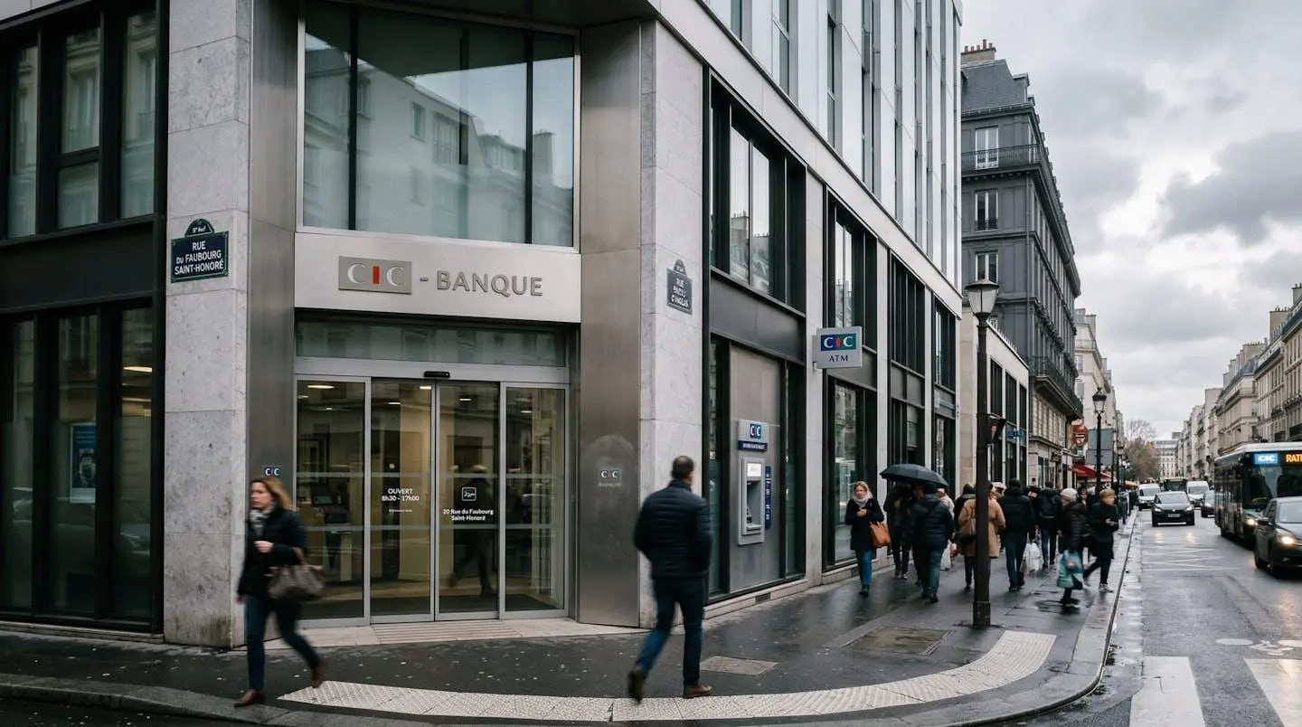 Vue extérieure d'un bâtiment moderne de type agence bancaire française, architecture contemporaine épurée avec ciel visible et passants flous