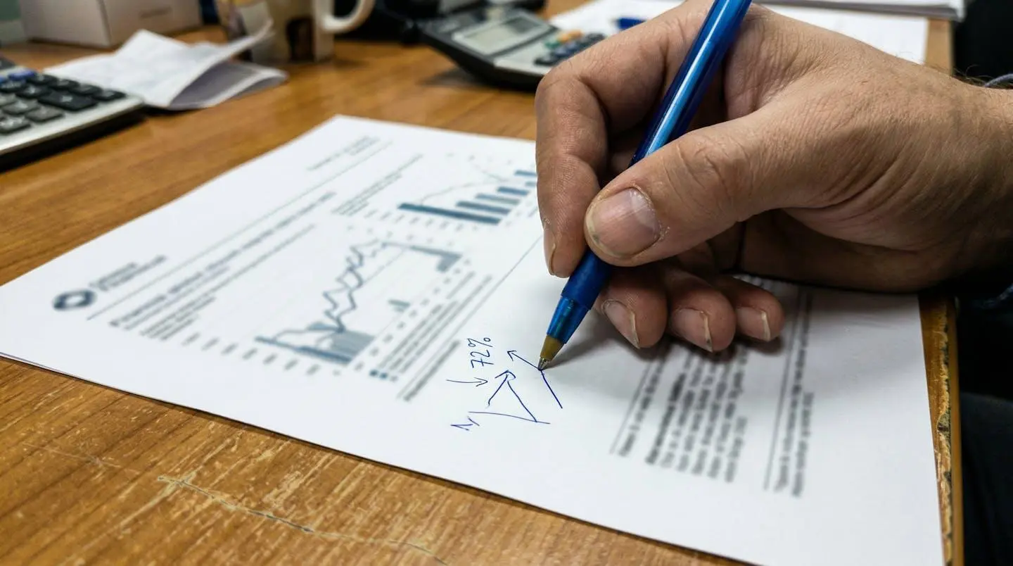 Gros plan sur des mains annotant un graphique papier avec un stylo, document financier partiellement visible en arrière-plan flouté