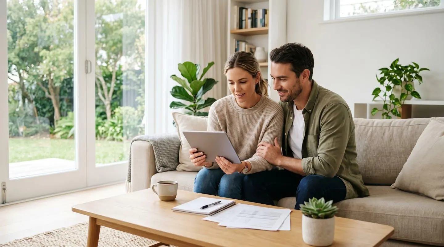 Couple de jeunes actifs, homme et femme, assis côte à côte dans un salon lumineux avec grandes fenêtres, consultant une tablette et des documents papier posés sur une table basse en bois clair