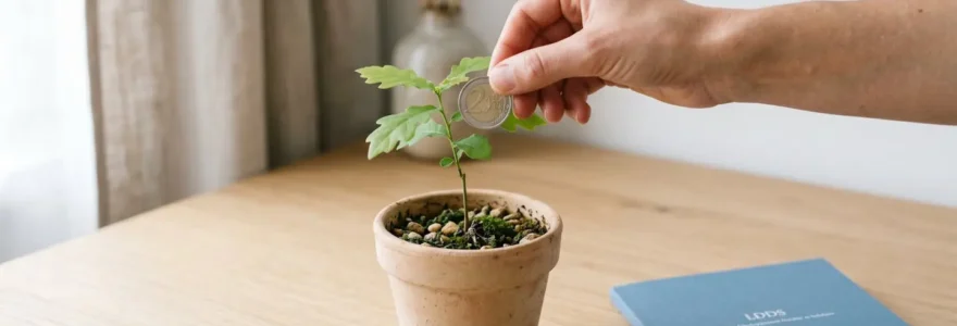 Main tenant une pièce de 2 euros au-dessus d'un petit arbre poussant dans un pot en terre cuite, posé sur un bureau minimaliste avec un livret bleu portant la mention LDDS