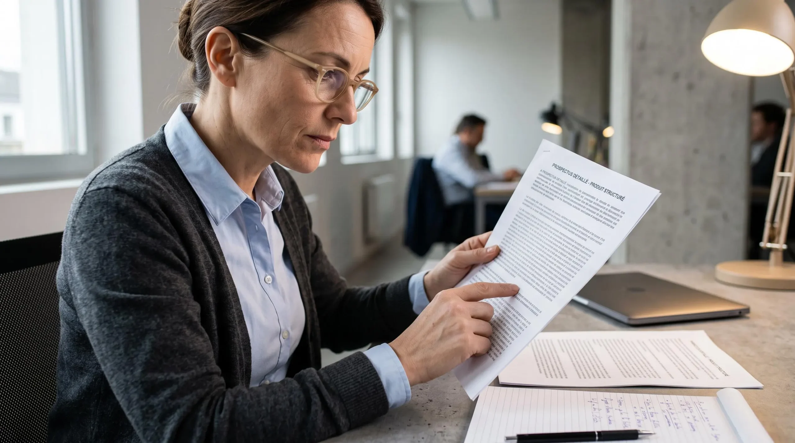 Analyste financier examinant attentivement un prospectus de produit structuré avec des lunettes de lecture à son bureau