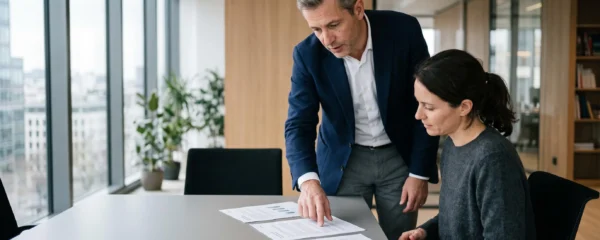 Conseiller financier debout présentant des documents d'assurance-vie à un client lors d'une consultation en bureau de gestion de patrimoine