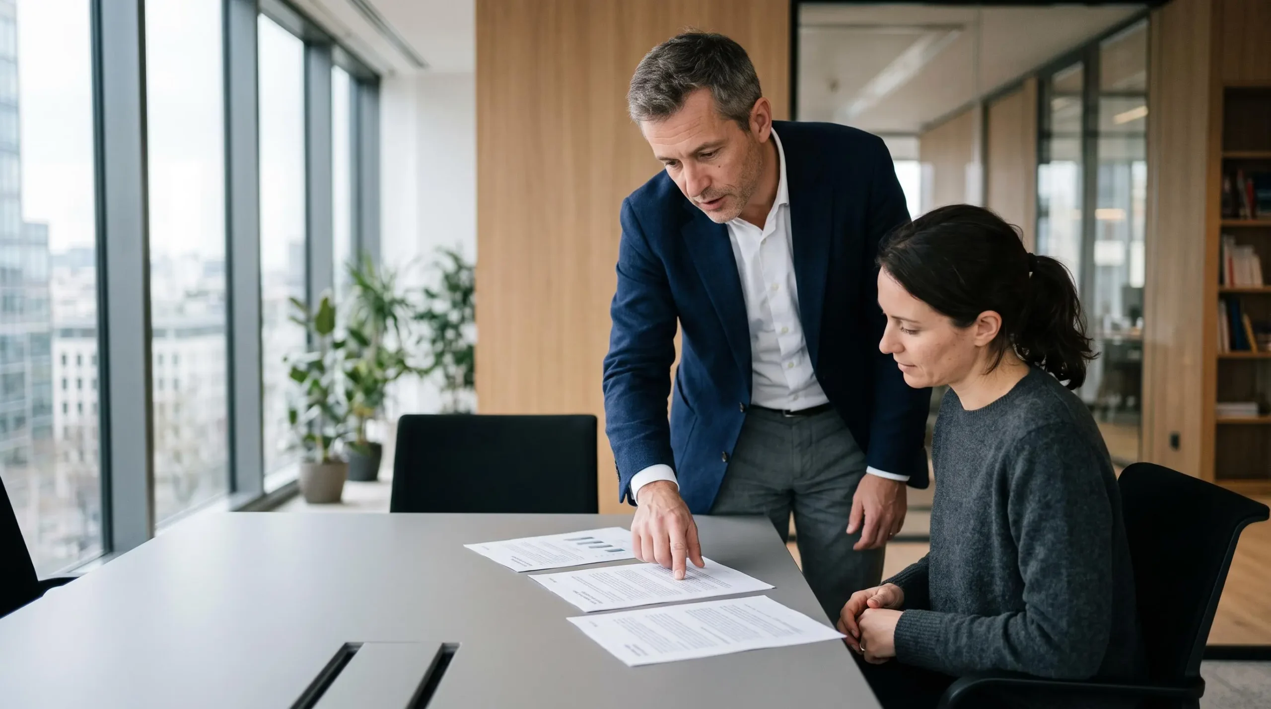 Conseiller financier debout présentant des documents d'assurance-vie à un client lors d'une consultation en bureau de gestion de patrimoine