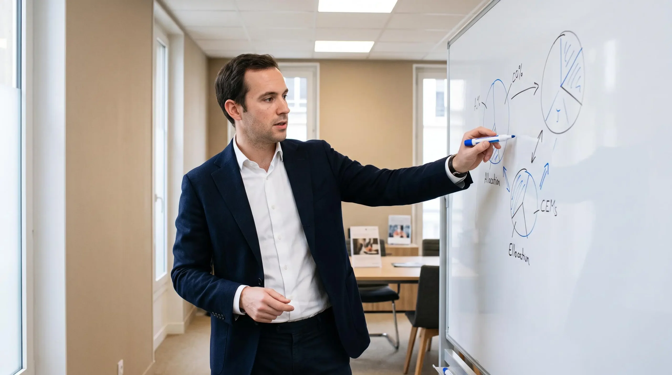 Gestionnaire de patrimoine debout expliquant une stratégie d'allocation d'actifs au tableau blanc lors d'une session de conseil