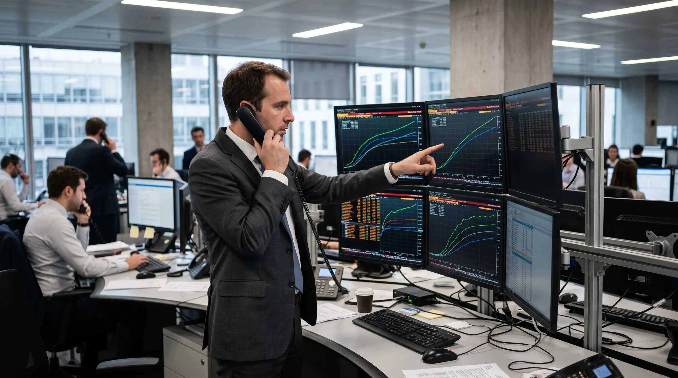 Trader de taux debout analysant des courbes de swaps sur plusieurs écrans dans une salle de marché